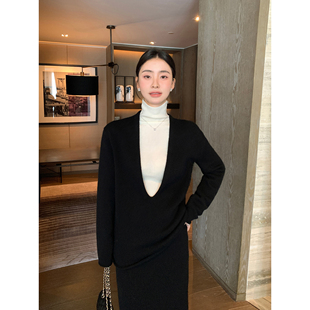 毛衣女后中开叉半身裙套装 Maven 100%羊毛V领长袖 极简R0W系 Lin
