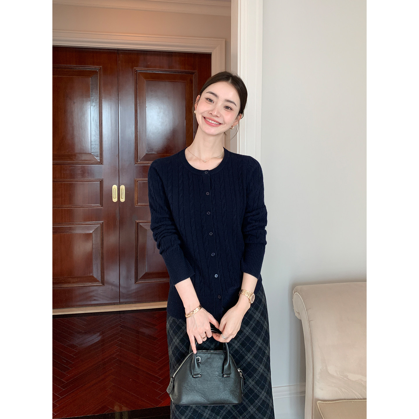 Maven Lin 高智MIU风 羊毛麻花针织开衫女保暖柔软圆领毛衣外套