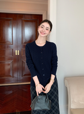 Maven Lin 高智MIU风 羊毛麻花针织开衫女保暖柔软圆领毛衣外套