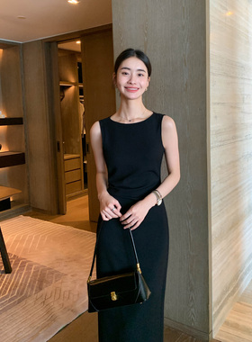 Maven Lin 高定黑色醋酸背心裙夏季新款法式圆领中长款修身连衣裙