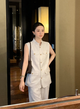 Maven Lin 老钱风气质1OO亚麻白色马甲背心上衣女宽松无袖衬衣