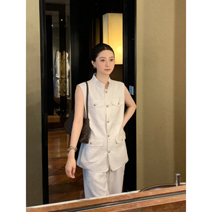 衬衣 老钱风气质1OO亚麻白色马甲背心上衣女宽松无袖 Maven Lin