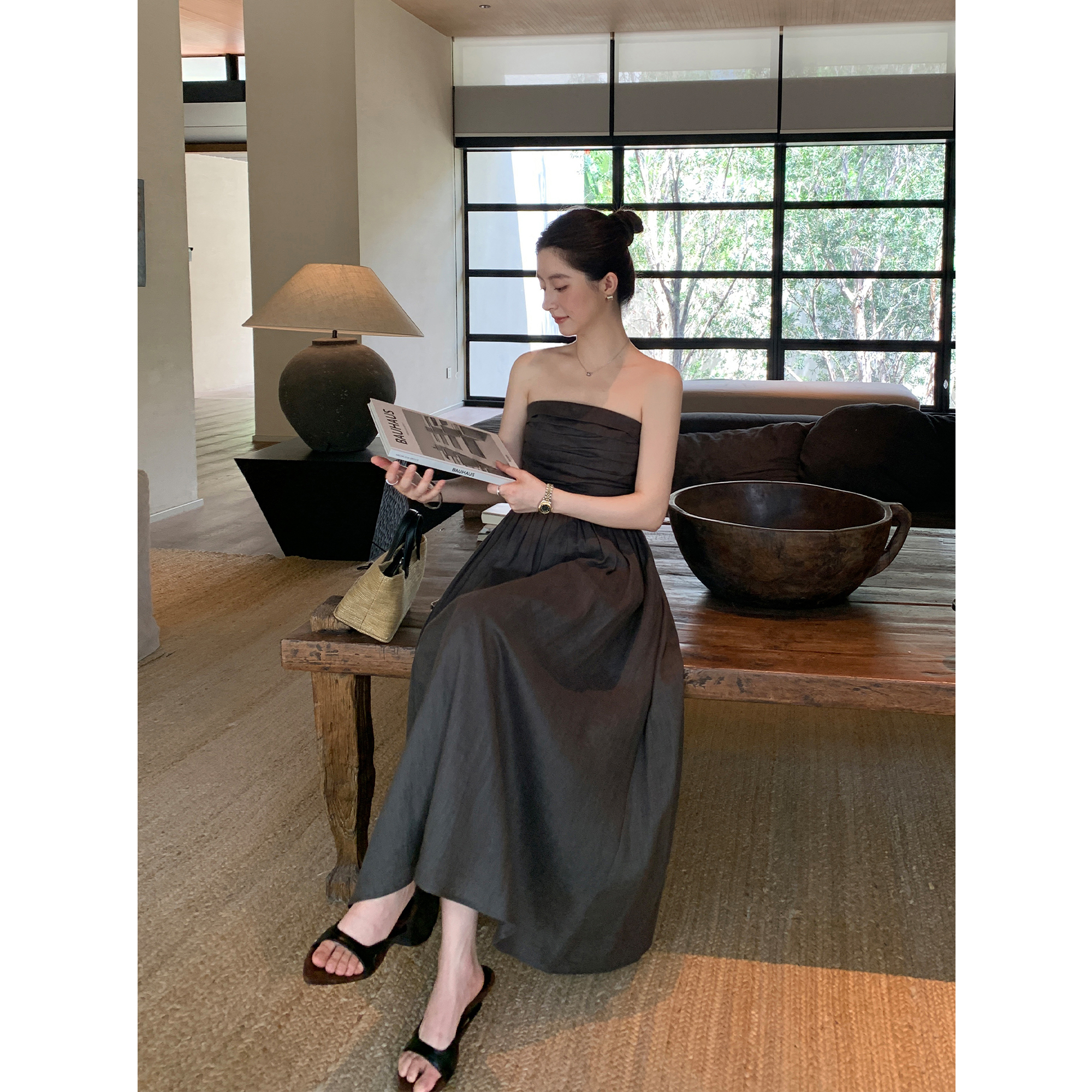 Maven Lin 淡人智者|100%亚麻抹胸连衣裙女高支A型大摆度假吊带裙