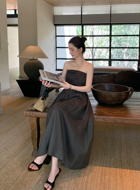 Maven Lin 淡人智者|1OO亚麻抹胸连衣裙女高支A型大摆度假吊带裙