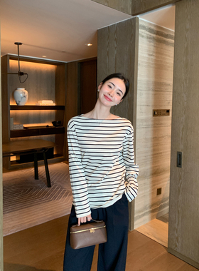 Maven Lin 经典条纹系列|简约纯棉长袖T恤女休闲宽松一字肩上衣