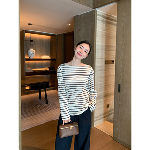 简约纯棉长袖 Maven 条纹系列 经典 T恤女休闲宽松一字肩上衣 Lin