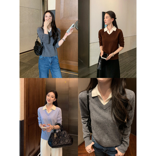 针织衫 Maven 100%羊毛长袖 松弛老钱 女假两件撞色POLO领上衣 Lin