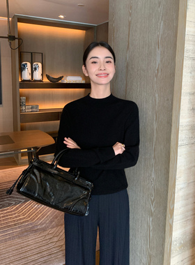 Maven Lin 黑色山羊绒半高领套头针织衫上衣女秋冬羊毛打底毛衣