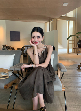 Maven Lin 极简无袖挂脖亚麻连衣裙女老钱风宽松民族风度假长裙