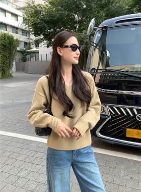 Maven Lin 极简质感丨100%羊毛V领套头毛衣女基础宽松针织衫上衣