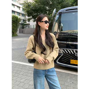 100%羊毛V领套头毛衣女基础宽松针织衫 极简质感 上衣 Lin Maven