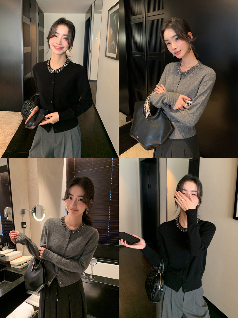 Woman modeling a jeweled-neck cardigan in black and gray