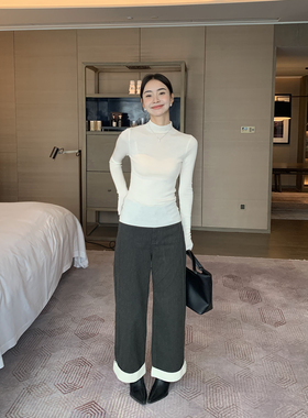 Maven Lin【现货7折】撞色卷边牛仔裤女新款显瘦高腰阔腿裤长裤