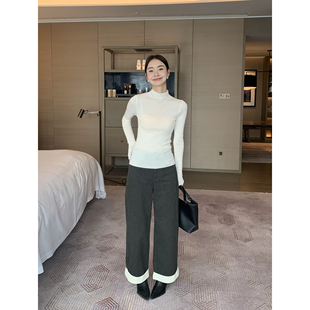 撞色卷边牛仔裤 现货7折 女新款 显瘦高腰阔腿裤 Maven 长裤 Lin