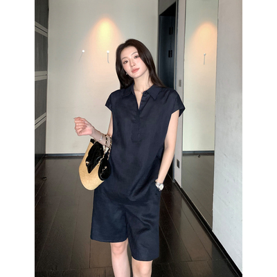 1OO亚麻小飞袖衬衫直筒短裤套装