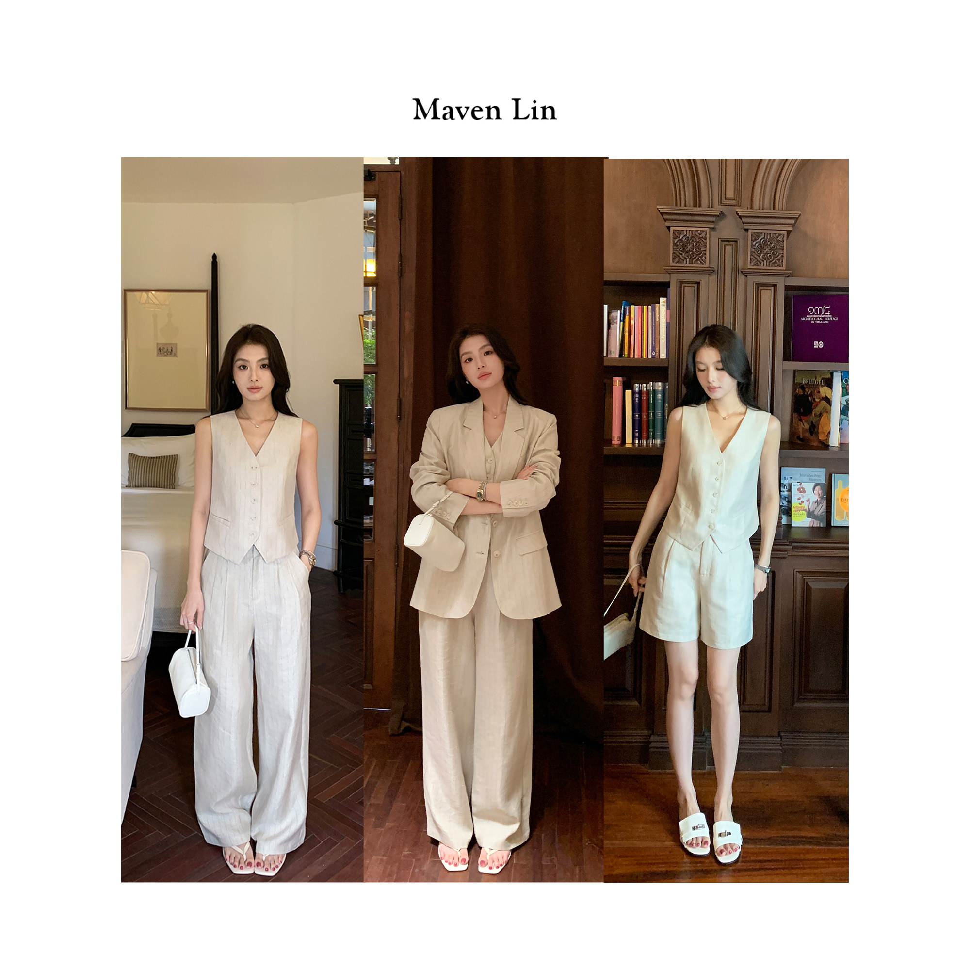 Maven Lin 高智职场 金丝条纹西装外套女V领马甲/休闲裤亚麻套装