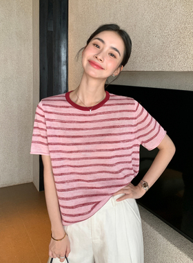 Maven Lin 经典撞色条纹色彩短袖上衣女抗皱垂坠宽松直筒针织t恤