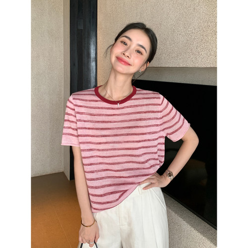 Maven Lin 经典撞色条纹色彩短袖上衣女抗皱垂坠宽松直筒针织t恤