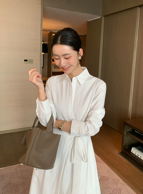 Maven Lin 简约廓形宽松衬衫连衣裙女莱赛尔白色收腰Polo领长裙