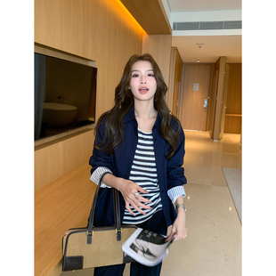 女拼接条纹衬衣开衫 Maven 气质通勤全棉翻领衬衫 知性主义 Lin