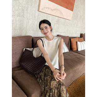 Maven Lin 甄选和纸纱莱赛尔宽松无袖背心女立体圆领镂空上衣夏