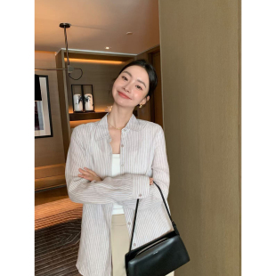 上衣女韩系设计感宽松亚麻衬衣开衫 Maven 衬衫 蓝白条纹长袖 Lin