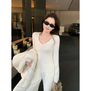 Lin 女气质修身 温柔至知 针织衫 内搭打底上衣 白色V领长袖 Maven