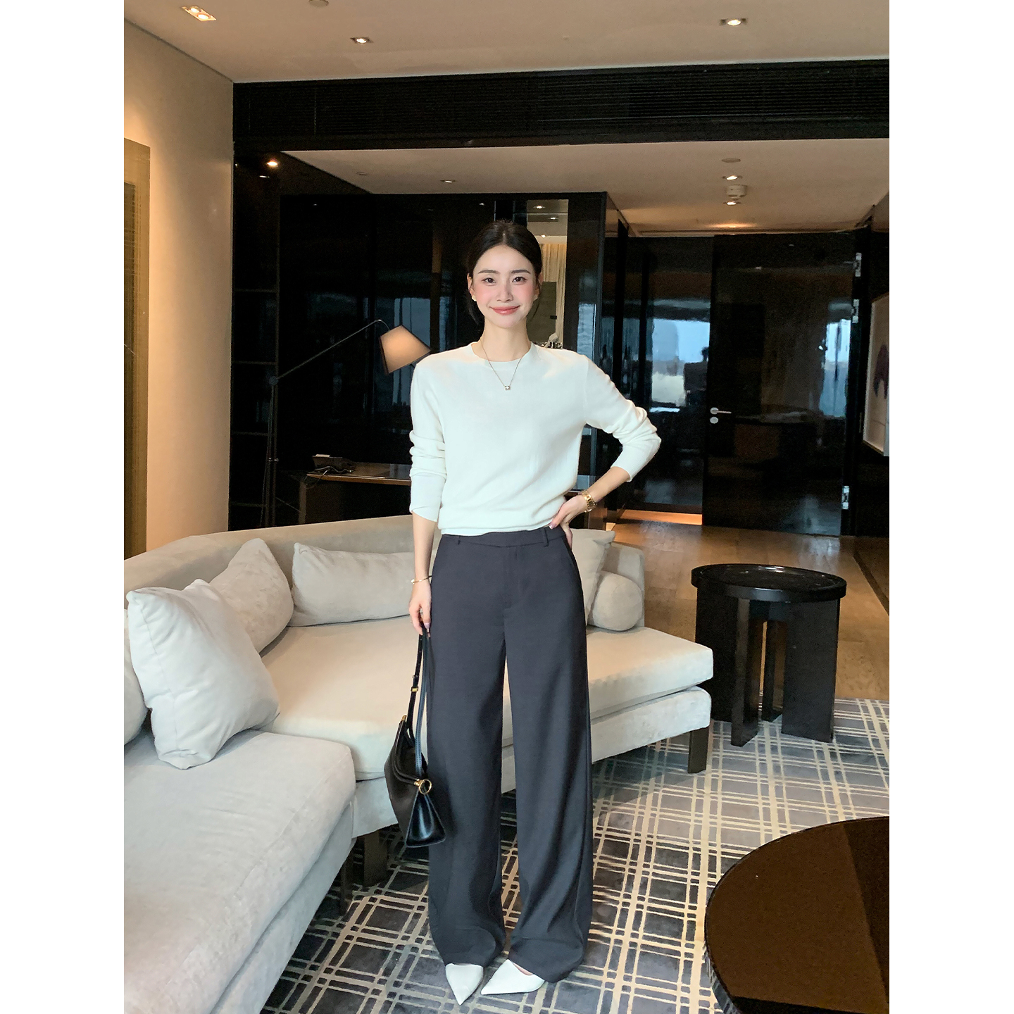 Maven Lin 高智菁英 灰色窄腰头西装裤女垂坠感通勤阔腿直筒长裤