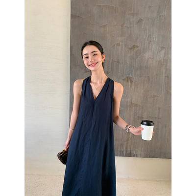 Maven Lin 极简高支100%亚麻V领挂脖连衣裙女度假风无袖背心长裙