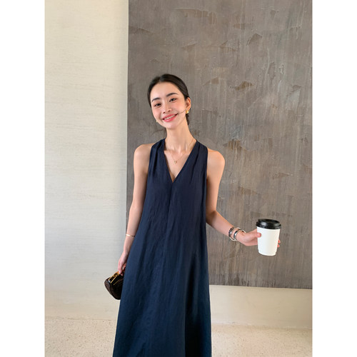 Maven Lin 极简高支1OO亚麻V领挂脖连衣裙女度假风无袖背心长裙