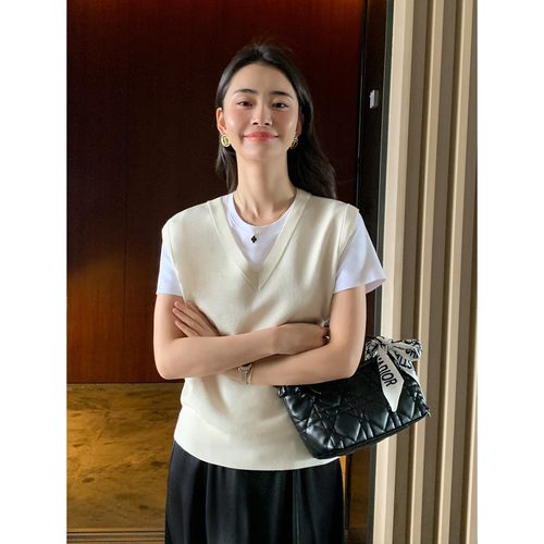 针织V领马甲100%羊毛背心女