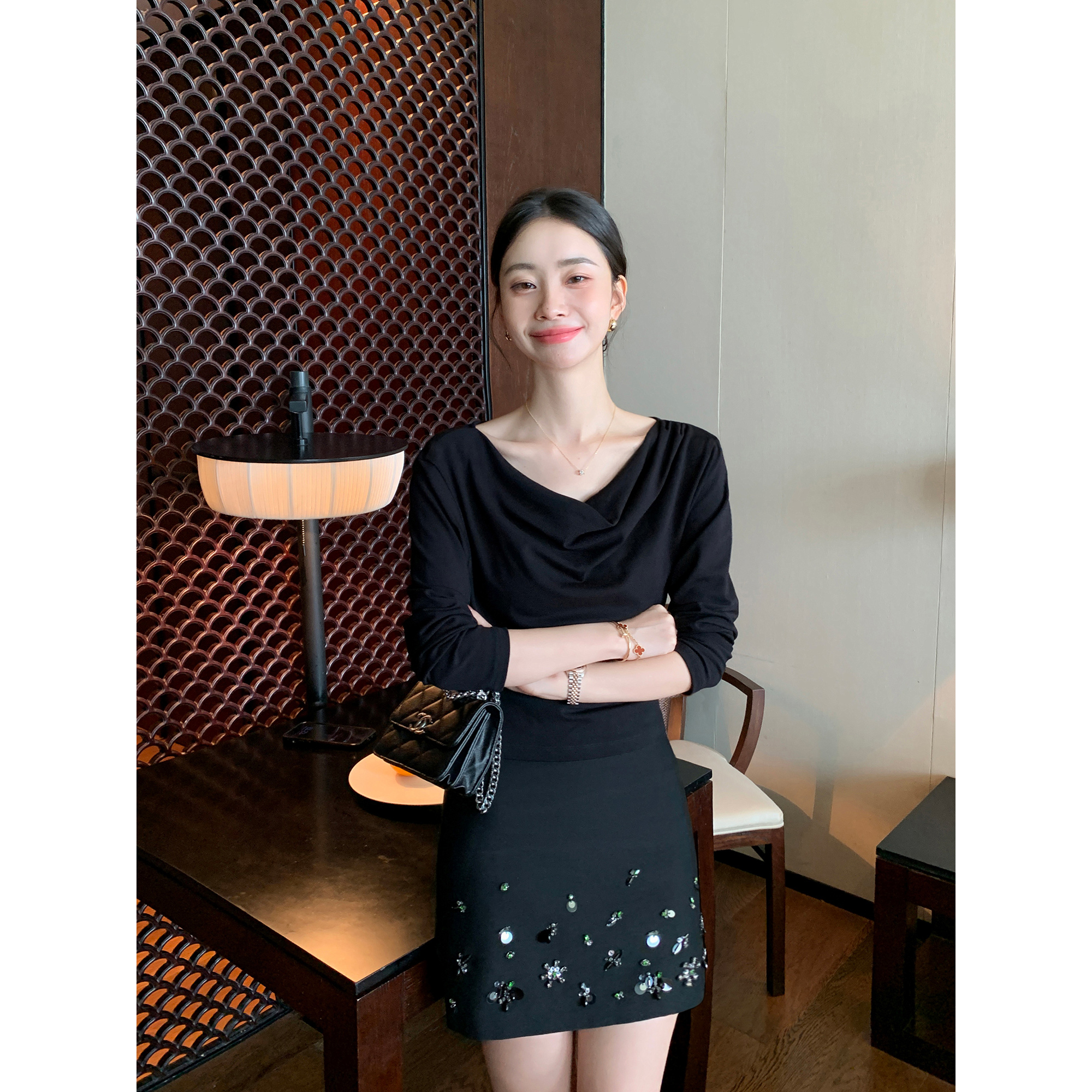 Maven Lin 气质shou选 荡领针织长袖T恤女修身收腰内搭打底衫上衣