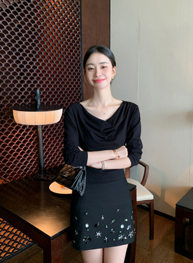 Maven Lin 气质shou选 荡领针织长袖T恤女修身收腰内搭打底衫上衣