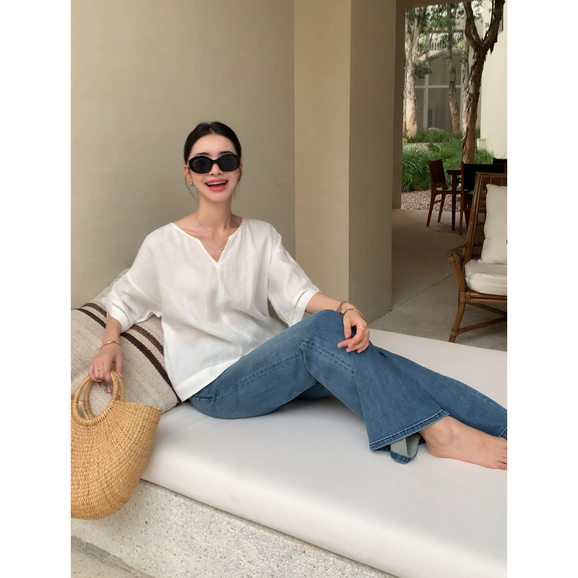 Maven Lin 极简新中式100亚麻衬衫短袖女气质V领宽松重磅奢感衬衣