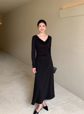 Maven Lin 静奢高雅|黑色荡领针织长袖连衣裙女收腰打底气质长裙