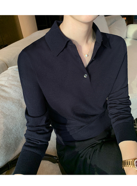 Maven Lin 细腻柔感 100%羊毛长袖针织衫女老钱风POIO领打底上衣