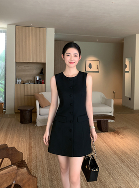 Maven Lin 静奢R0W风 气质通勤黑色无袖连衣裙女干练收腰背心裙