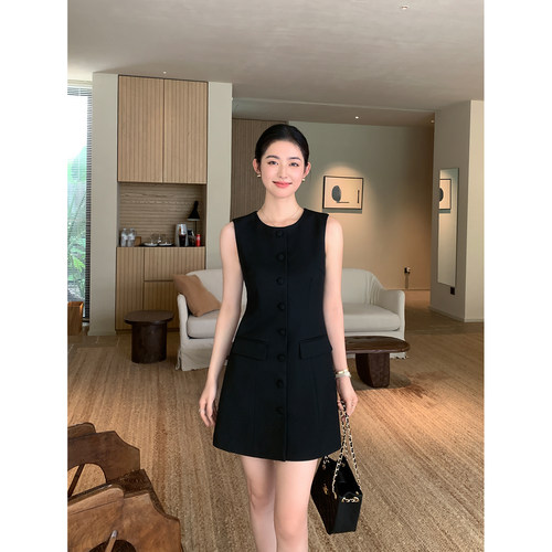 Maven Lin 静奢R0W风 气质通勤黑色无袖连衣裙女干练收腰背心裙
