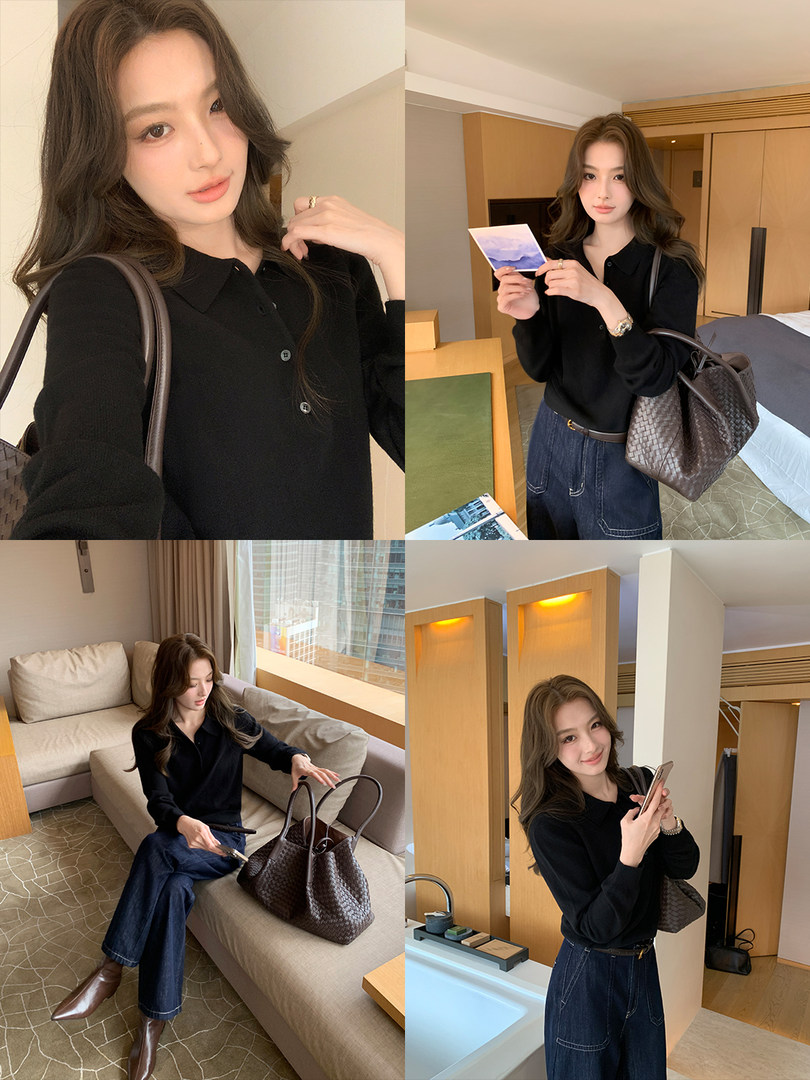 Woman wearing a black top and jeans with a woven brown handbag in a lifestyle photo collage