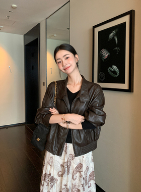 Maven Lin 高品质肌理|复古黑色立领PU皮夹克女短款廓型皮衣外套