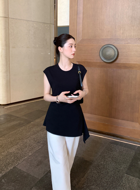 Maven Lin 都市轻优雅 通勤不规则设计感t恤女宽松气质无袖上衣