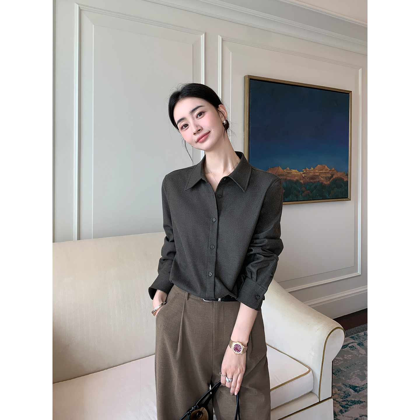 Maven Lin 知性娴雅 经典翻领长袖衬衫女高级感宽松白领叠穿衬衣