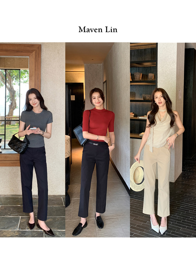 Fashion collage showing three women modeling fitted tops and tailored pants outfits