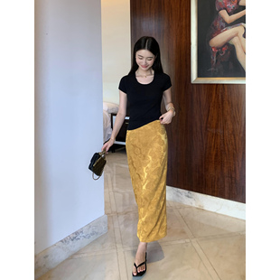 新中式 现货7折 人丝提花半身裙女高腰开叉包臀裙 Lin Maven