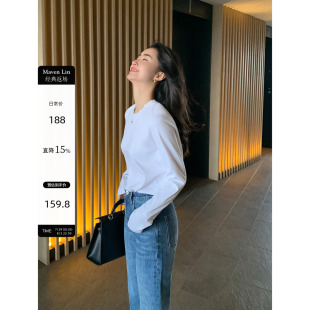Lin 白色圆领长袖 Maven 基础款 针织上衣 T恤女春秋新款 外穿打底衫