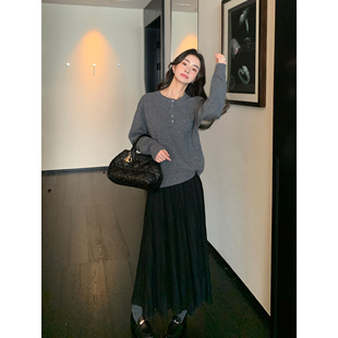 Maven 高定羊毛混纺百褶半身裙女松紧腰显瘦气质a字大摆长裙 Lin