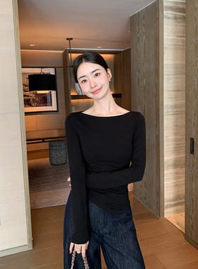 Maven Lin 简构之美|不规则下摆一字肩T恤女气质修身长袖打底上衣