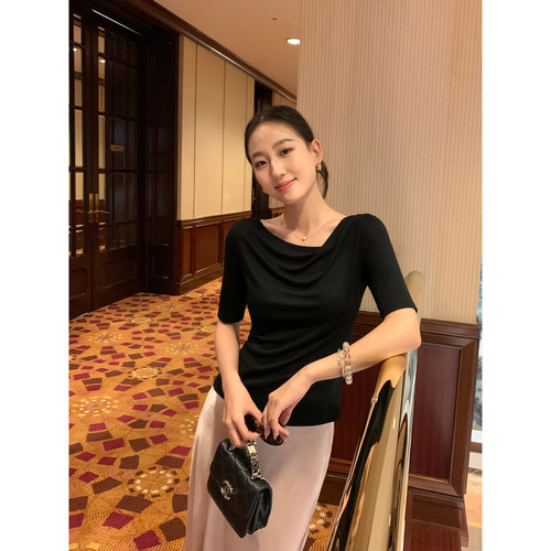 Maven Lin R0W场域优雅贵感|荡领斜肩上衣女重工通勤中袖露肩t恤