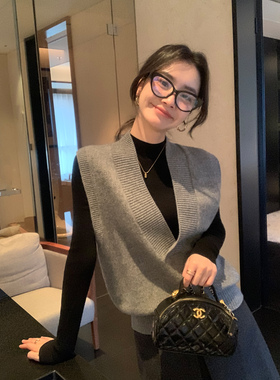 Maven Lin 优质全羊毛灰色毛衣背心女设计感叠穿针织马甲无袖上衣
