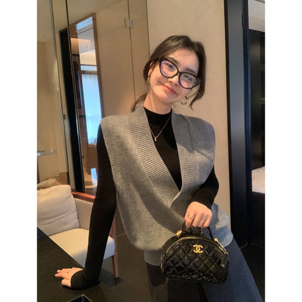 Maven Lin 优质全羊毛灰色毛衣背心女设计感叠穿针织马甲无袖上衣